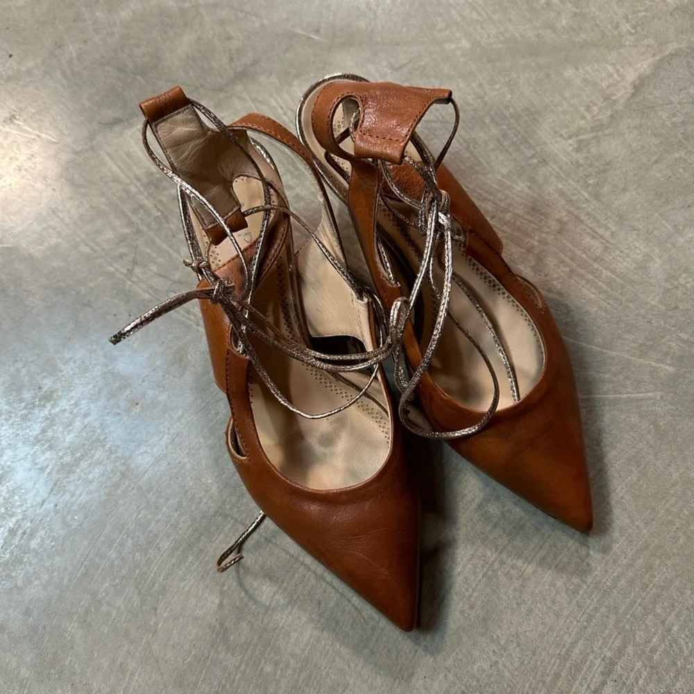 Napoli Brown Leather Heels with Metallic Rose Gold Strap Size 37 - Picture 3 of 5